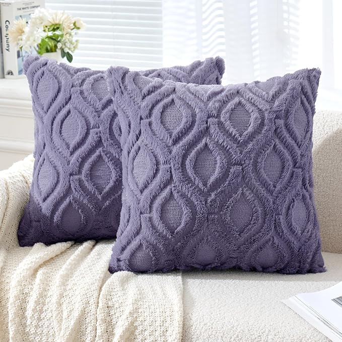 MIULEE Blue Purple Soft Plush Faux Wool Throw Pillow Covers 20x20 | Set of 2, Farmhouse Boho Home Decor, Decorative Cushion Covers for Sofa, Living Room, Bed
