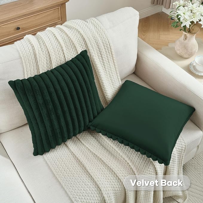 FUTEI Pack of 2 Faux Fur Throw Pillow Covers 16x16 Inch, Dark Green | Fluffy Faux Rabbit Fur Front/Premium Velvet Back,Hidden Zipper,Machine Washable,Non-Shedding,Colorfast,Insert Not Included.