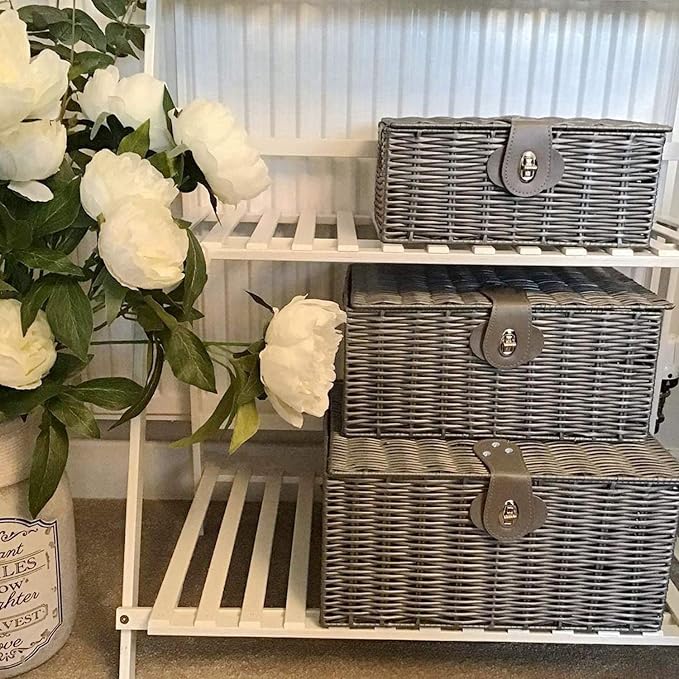 Set of 3 Woven Wicker Storage Basket Box with Lids & Lock, Built-in Carry Handles, Multifunctional Storage Organizer for Nursery, Baby, Clothes, Toys, Books, Large/Medium/Small Size (Grey)