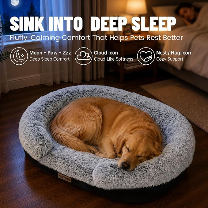 Fluffy Orthopedic Dog Beds Large Sized Dog, 40" Bolster Sofa Bed | Soft plush faux fur,lowered entry,washable cover,waterproof liner,claming dog couch for x-large dogs,supportive bolster