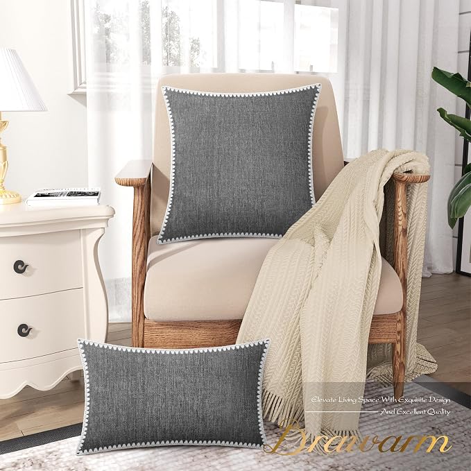 BRAWARM Chenille Throw Pillow Covers 12x20 Inches, Gray, 2 Pack | Decorative Lumbar Pillow Covers with Shell Edge, Soft Cushion Cases for Sofa Bed Living Room Home Farmhouse (No Insert)