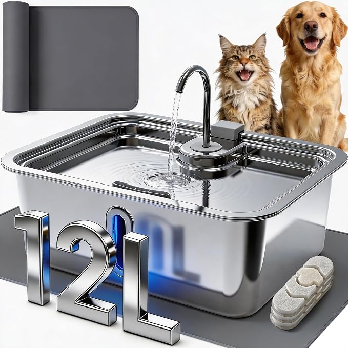 3.17Gal/12L Dog Water Fountain with Silicone Mat & 3 Filters for Dogs Cats | Stainless Steel Multi Pet Water Dispenser, Quiet Automatic Dog Water Bowl Dispenser with Visible Window & Alert Light