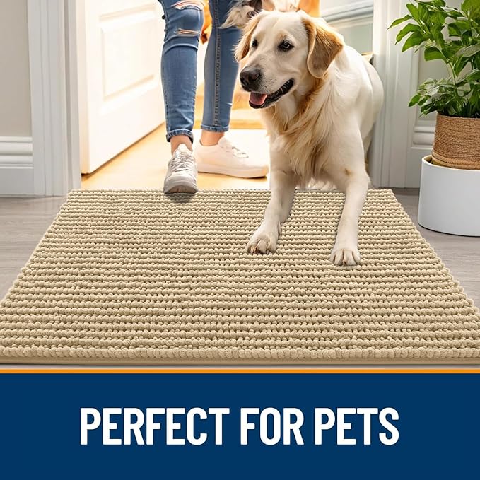 OLANLY Dog Door Mat for Muddy Paws 70x24, Extra Absorbent Chenille Mud Mat | Beige, Absorbs Moisture and Dirt, Non-Slip Machine Washable Doormat, Quick-Drying Indoor Entryway Floor Mat for Dogs