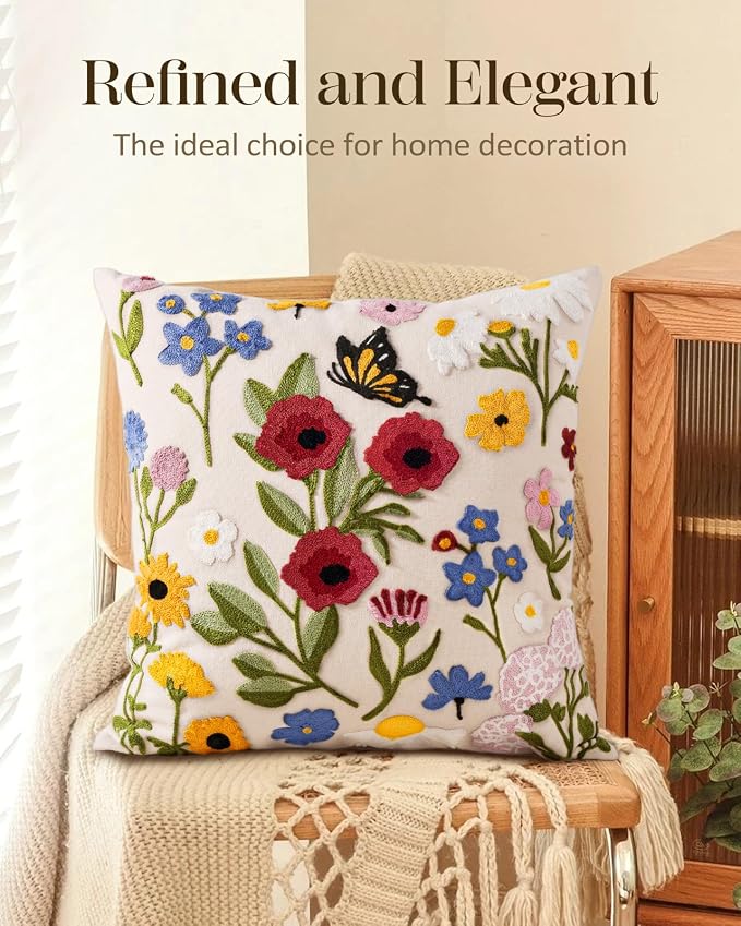 Embroidered Throw Pillow Cover 18x18 Inch, Retro Flower | Decorative Pillow Cover, Vintage Boho Cushion Case with Hidden Zipper, Floral Decor for Couch, Sofa, Living Room, Bedroom