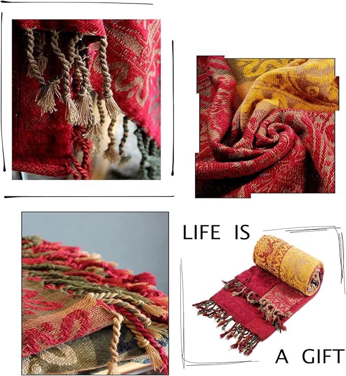 Boho Throw Blanket, Chenille Jacquard Tassels Throw Blankets for Bed Couch Soft Chair， Bohemian Fringe Tassels (Red, S:60x75