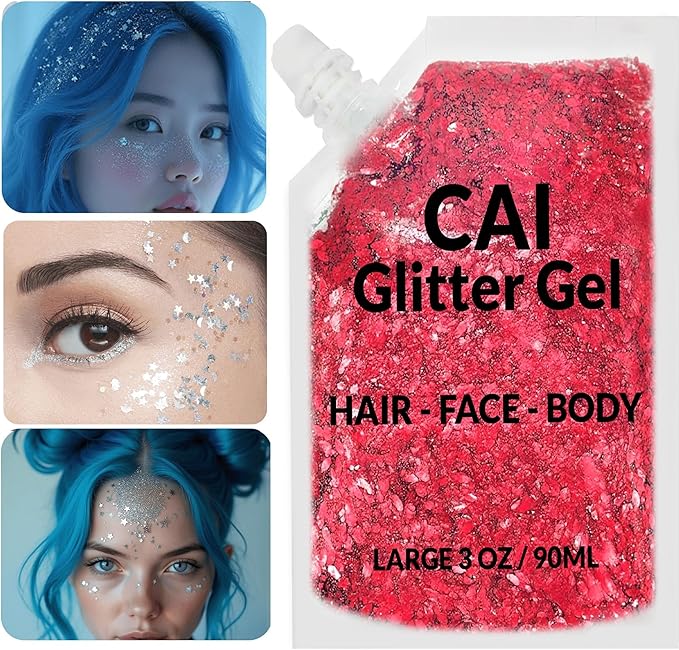 Face, Body & Hair Glitter Gel – Halloween Glitter for Kids and Women – 3 Oz Cosmetic-Grade Gel w/Moon & Stars for Festivals & Halloween Party, Easy Apply & Wash Off - Red 1Pack