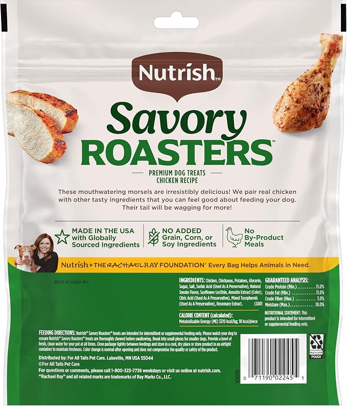 Nutrish Savory Roasters Dog Treats with Chicken, 12 oz. Pouch (Rachael Ray) | Grain Free Recipe with No Added Corn or Soy Ingredients, Veterinarian Reviewed Formula, Resealable Bag