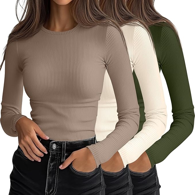 Ficerd 3 Pack Women's Ribbed Long Sleeve Tops, Crew Neck Slim Fit Undershirts Knit Basic Casual Stretch Layering Tee Shirts