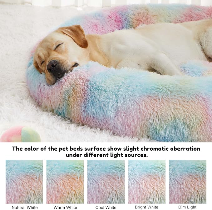 Western Home Calming Donut Large Dog Bed Pet Bed,36" Rainbow | Fluffy Faux Fur Round Cuddler,Anti-Anxiety,Anti-Slip Bottom,Plush Round Pet Dog Beds for Large Sized Dogs,Up to 80 LBS