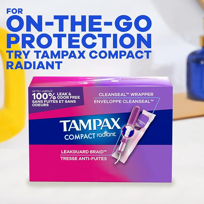 Tampax Radiant Tampons for Women Multipack, with LeakGuard Braid, Regular/Super/Super Plus Absorbency, Unscented, 112 Count (4 Packs of 28), Packaging May Vary