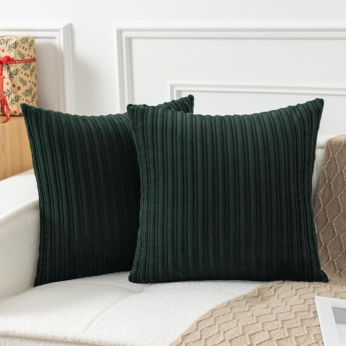 UGASA Velvet 20x20 Inch Soft Throw Pillow Covers Decorative Striped Corduroy Both Sides Solid Square Cushion Cases Boho Farmhouse for Couch Bedroom Sofa Home, Pack of 2, Dark Green