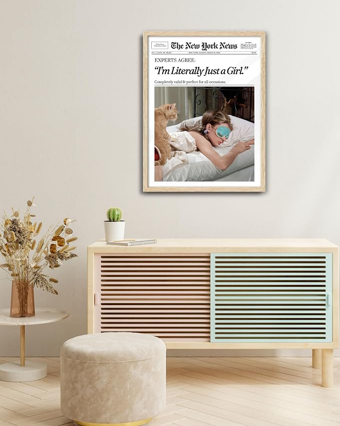 EcoHest 16x20 in Audrey Hepburn I'm Literally Just a Girl Framed Wall Art | Solid Oak Wood Frame with Canvas Wall Art, Vintage Newspaper Wall Decor for Bedroom, Bathroom, Apartment, Dorm Room, 1Pack