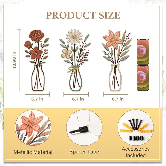 CarryWise 3 Piece Metal Flower Wall Art for Bedroom Living Room Rustic Farmhouse Floral Wall Decor for Bathroom Dining Room Boho Home Decorations Modern Minimalism Walls Hanging Sculptures