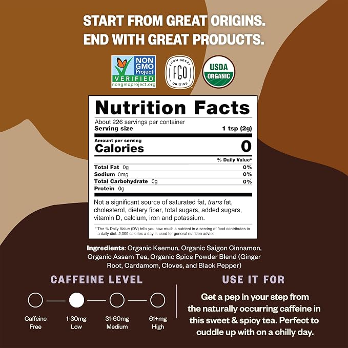 FGO Organic Chai Tea, 4 Ounce Loose Leaf, Resealable Bag, Packaging May Vary (Pack of 1)
