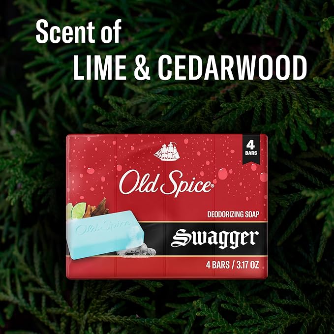 Old Spice Bar Soap for Men, Refreshing Clean to Wash Away Dirt & Odor, Cleansing Formula, Long-Lasting & Confidence-Boosting Fragrance, Swagger with Lime + Cedarwood Scent, 3.17 oz (Pack of 4)