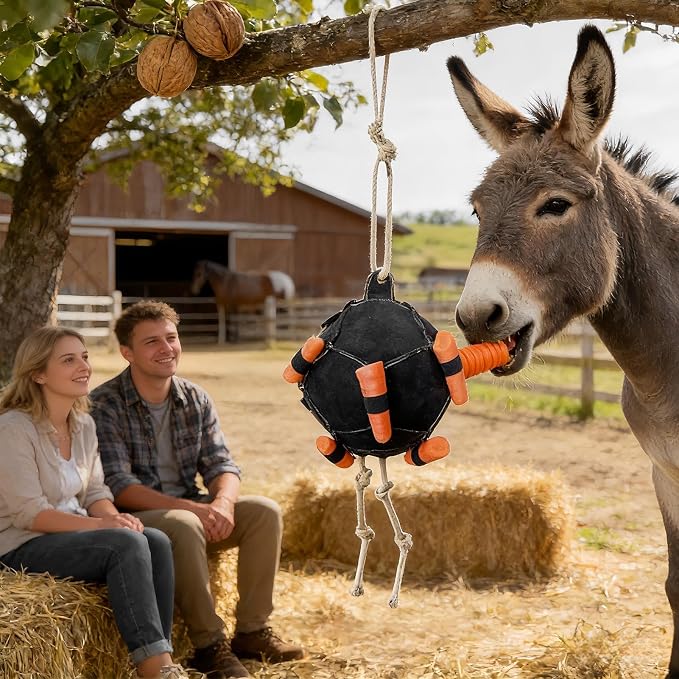 Horse Treat Ball, Hay Ball Stable Toys for Horses, Interactive Training Hay Feeder, Carrot Dispenser Feeder, Hanging Slow Feeding Toy with Rope, for Goat Livestock Sheep Cow Cattle