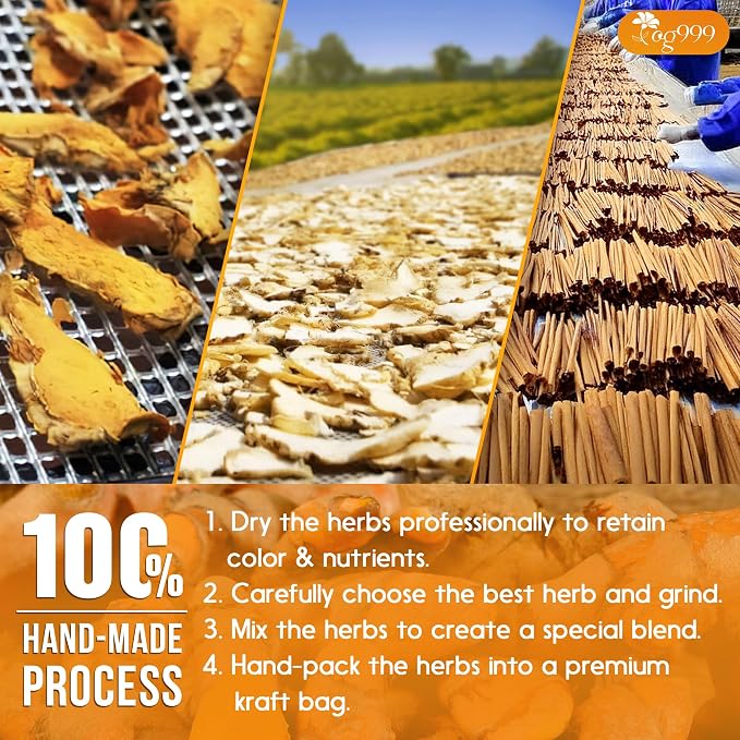 TOG999, Premium 12oz Ginger Turmeric Cinnamon Loose Leaf Herbal Tea. Improve Digestion, Support Brain, Weight, Skin and Sleep. Premium Quality Spiced Blend. No Sugar, No Caffeine, No Gluten, Vegan.