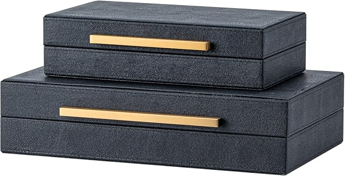 Set of 2 Black Shagreen Storage Boxes with Gold Metal Handles – Faux Leather Jewelry Organizer, Nesting Decorative Box for Photos, Memory Keepsake, Home & Office Decor
