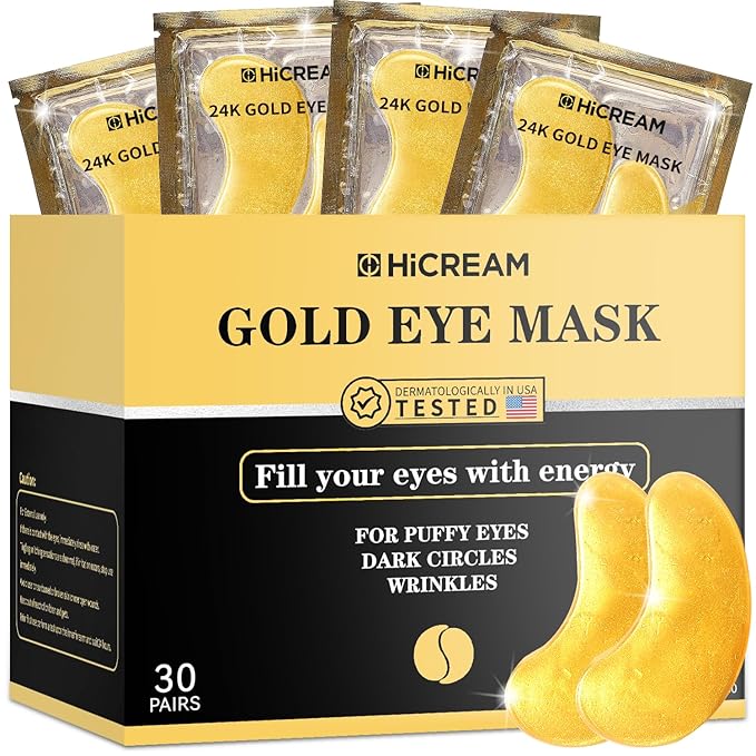 Hicream 24k Gold Under Eye Patches - 30 pair Eye Mask Pure Gold Anti-Aging Collagen Hyaluronic Acid Under Eye Mask for Dark Circles, Puffiness & Wrinkles Refresh Your Skin