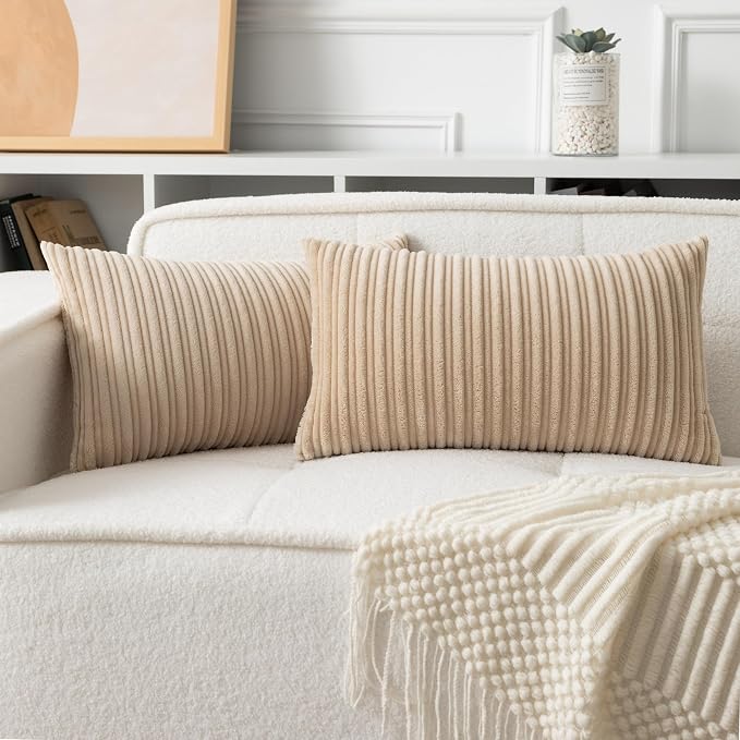 UGASA Velvet 12x20 Inch Lumbar Soft Throw Pillow Covers Decorative Corduroy Striped Both Sides Solid Rectangular Cushion Cases Boho Farmhouse for Couch Bedroom Sofa Home, Pack of 2, Beige