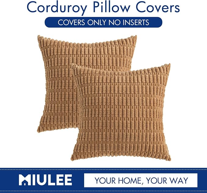 MIULEE Euro Sham Corduroy Decorative Throw Pillow Covers 24x24 Brown | Pack of 2 Soft Boho Striped Pillow Covers Modern Farmhouse Fall Home Decor For Sofa Living Room Couch Bed