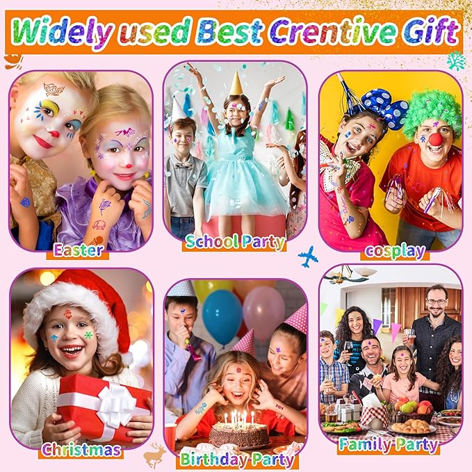 Temporary Glitter Tattoos Kids,32 Glitter Colors and 6 Fluorescent Colors,209 Stencils,2 diamond stickers,3 Glue,5 Brushes,Adults and Kids Arts Glitter Kit,Wonderful Holiday Gifts for Girls & Boys.