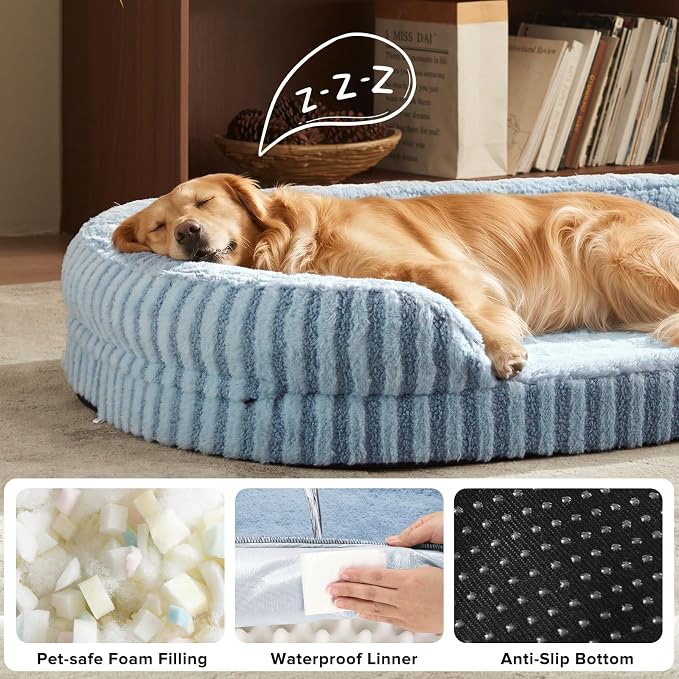 MIXJOY Orthopedic Dog Beds Large Sized Dog,Extra Large Washable Dog Bed Waterproof Oval Dogs Bed with Removable Cover,Egg-Crate Foam Big Pet Bed Couch with Bolster,Non-Slip Bottom,XL 42"X32",Blue