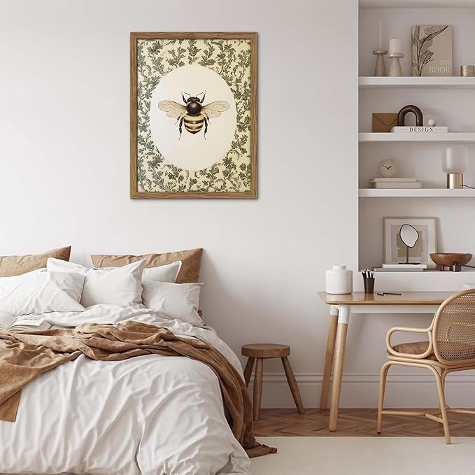 Framed Vintage Bee Wall Art, Cottagecore Floral Botanical Decor, Rustic Garden Insect Pictures Poster, Oval Bumblebee Canvas Print Wall Decor for Bedroom Living Room 12x16 inch