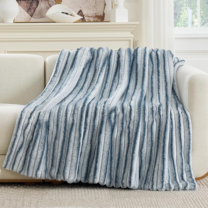 Cozy Bliss Faux Fur Throw Blanket for Couch, Cozy Warm Plush Striped Blanket for Sofa Bedroom Living Room, 50 * 60 Inches Blue