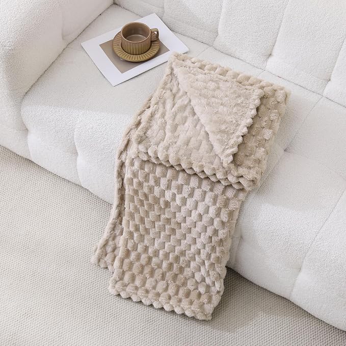 Beige Fleece Throw Blanket 50”×60” for Couch Sofa Bed | Super Soft Cozy Plush Microfiber Flannel Blanket with 3D Jacquard Decorative Lightweight for Mom Woman