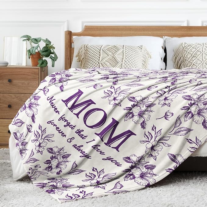 Gifts for Mom, Mom Birthday Gifts from Daughter Son, To My Mom Blanket | I Love You Mom Gifts for Birthday, Christmas, Mothers Day, Blanket for Mom with Hibiscus Flowers Print, 60" x 50", Purple
