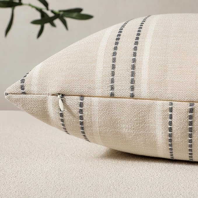 Hckot Throw Pillow Covers 24x24 Set of 2 Striped Pillow Covers Textured Linen Decorative Pillows Square Cushion Covers for Sofa Couch Bed Living Room Farmhouse Decor, Grey