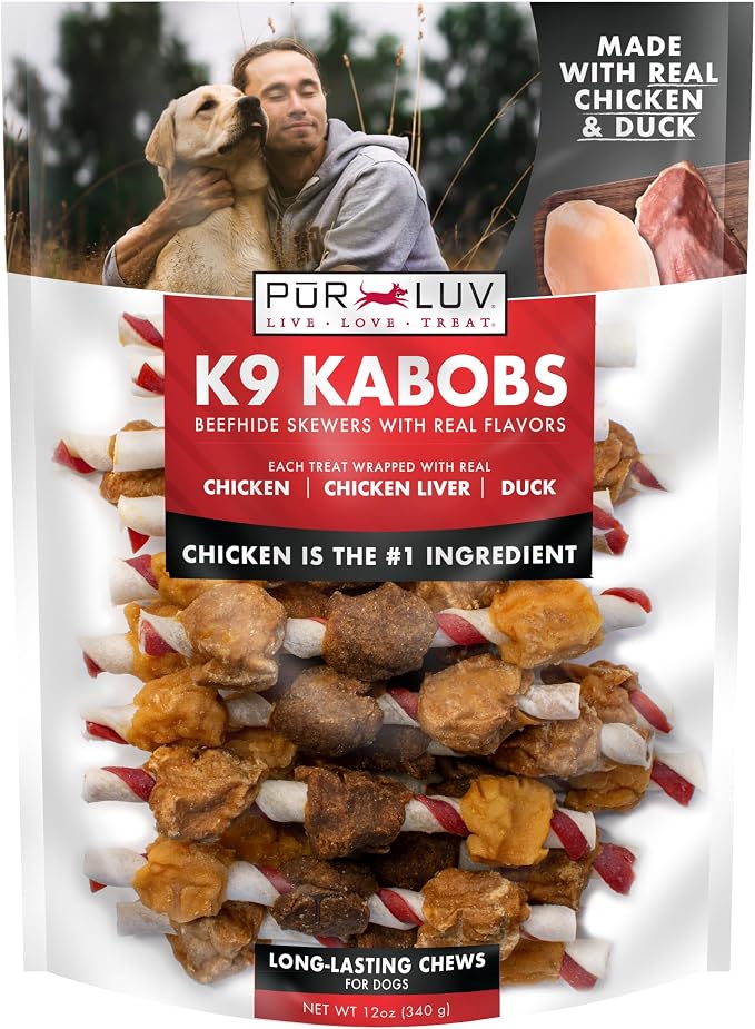 Pur Luv Dog Treats, K9 Kabobs Made with Real Chicken and Duck, 12 Ounces, Dog Snacks, Healthy, Easily Digestible, Long-Lasting, High Protein Treat, Satisfies Urge to Chew | Triple-flavor chew: chicken, chicken liver & duck wrapped on sweet potato skewe...