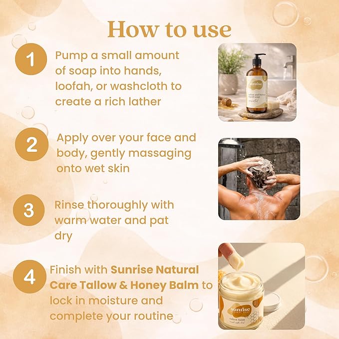 Tallow & Honey Liquid Soap – Unscented – Natural Face, Body & Hand Wash – Grass-Fed Beef Tallow Cleanser – Gentle Moisturizing Soap – 16 oz