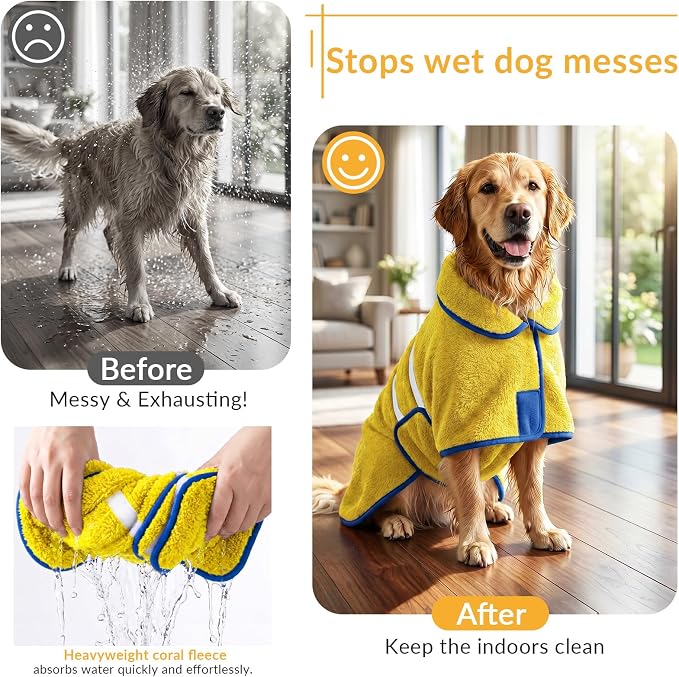 Bienbee Dog Bathrobe, Super Absorbent for Small to Large Dogs, Yellow 2XL | Dog Robes with Soft Fleece, Warm & Cozy, Adjustable Fit, and Quick Drying Coat for Baths Swimming and Grooming