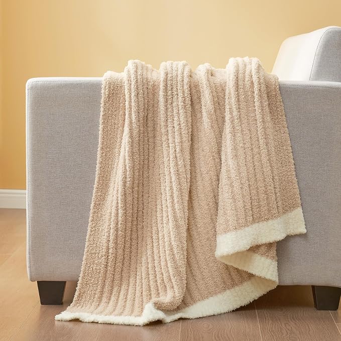 Snuggle Sac Luxury King Size Blanket for Bed, Cozy Soft Fuzzy Microfiber Knit Stripe Bedding Blankets, Beige, 108x90 inches