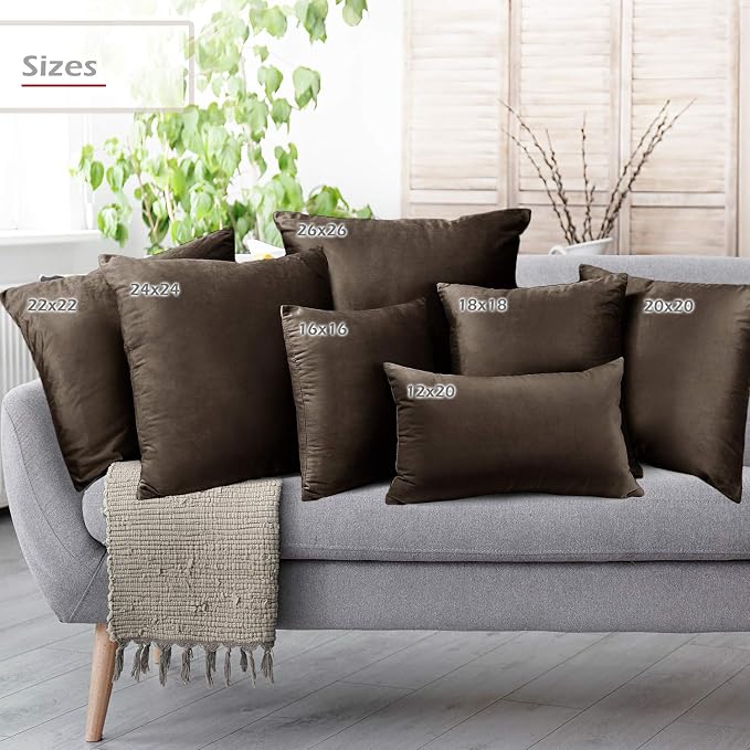 Nestl Throw Pillow Inserts Pack of 2 with Velvet Soft Solid Decorative Square Throw Pillow Covers Set for Sofa Couch Car Bedroom with 16X16 Throw Pillows Inserts with Cushion Covers, Dark Brown