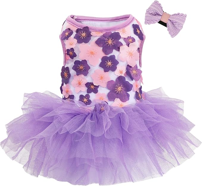 Dog Dress, Fashion Puppy Tutu Princess Dresses for Small Dogs Girl, Sweet Skirt with Dog Bowknot Clips, Spring Dog Cat Clothes Pet Apparel (Purple Floral Dress, X-Small)