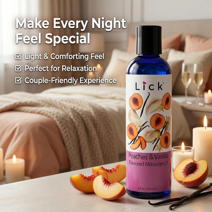 Lick Peaches and Vanilla Flavored Massage Oil – Tropical Edible Massage Oil with Sweet Almond Oil & Vitamin E, Hydrating Body-Safe Formula for Relaxing Couples Massage, 4 oz