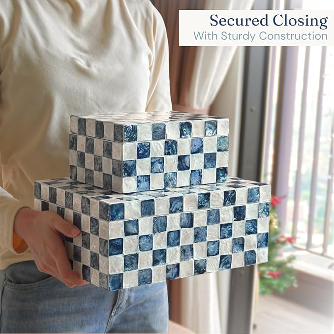 12"x8" Decorative Capiz Boxes Keepsake Trunk, Navy Blue, Set 2 | Handmade capiz inlaid keepsake boxes for photos, blue checkered boxes, checkered box decor, blue storage box for bedroom
