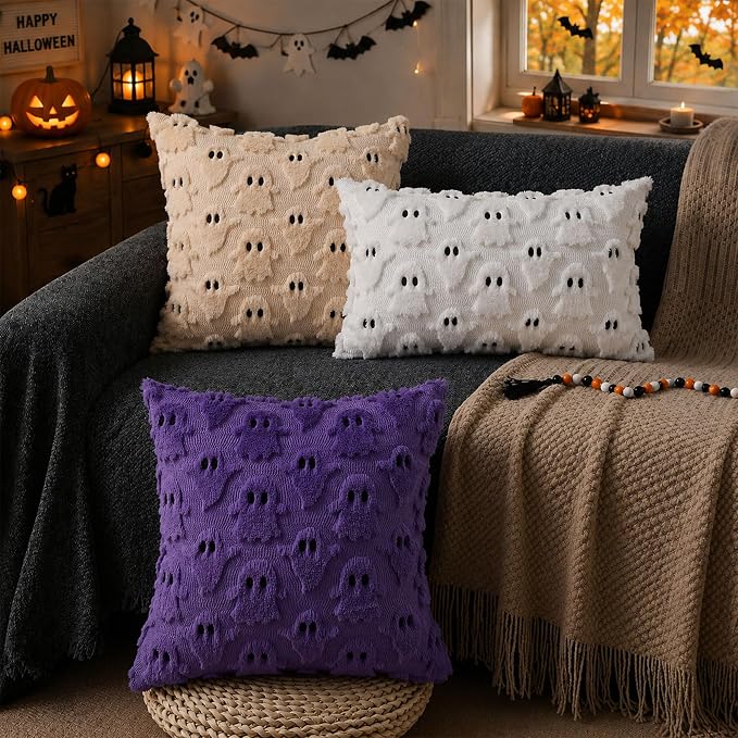 DFXSZ Halloween Pillow Covers 16x16 inch 2Pcs Beige Ghost Halloween Decor | Halloween Decorations Set of 2 Throw Pillow Cases Plush Faux Fur Wool Cushion for Chair Sofa Bedroom Living Room Home Decor