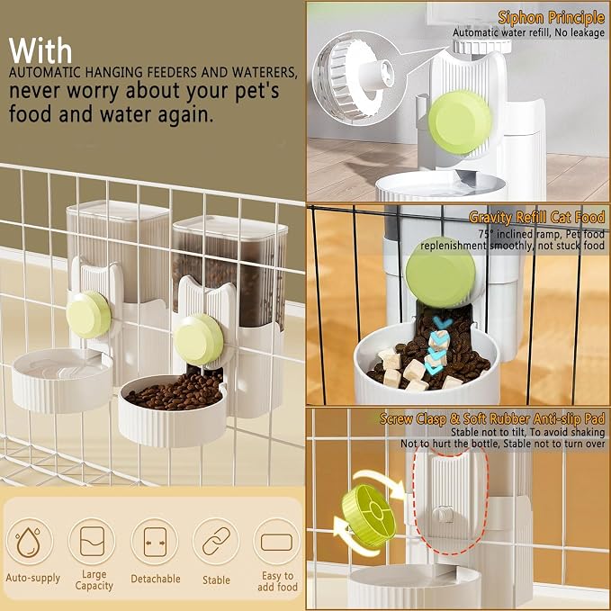 kathson Rabbit Feeder for Cage,Bunny Water Bottle,Pet Food Dispenser,Green | Gravity Automatic Guinea Pig Feeder Waterer Set,Hanging Small Pet Food Bowl Feeding Station for Ferret Chinchilla Cat Puppy