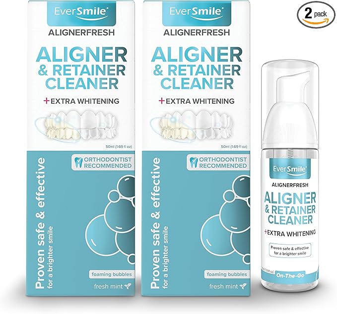 EverSmile AlignerFresh Extra Whitening Foam – Cleaner Compatible w/Invisalign and All Clear Aligners and Retainers – Eliminates Bacteria, Whitens Teeth, Fights Bad Breath – 50ml (2 Pack)