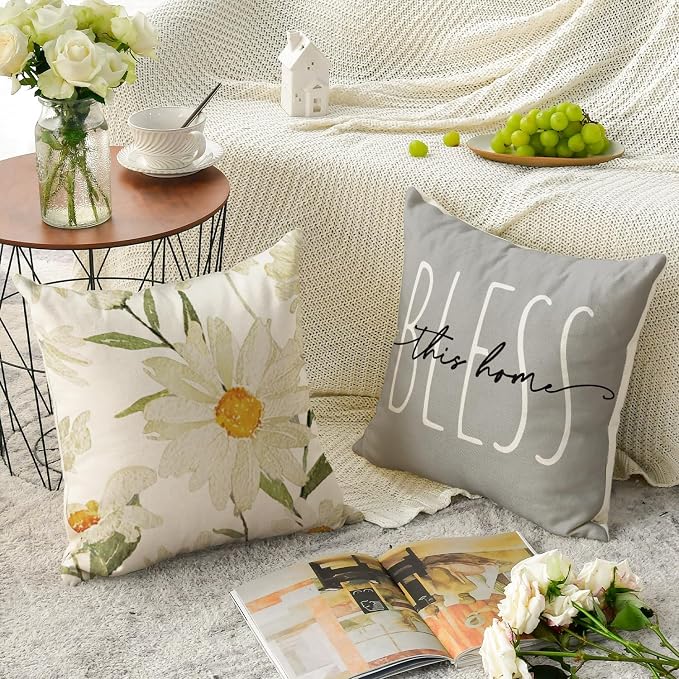 AVOIN colorlife Home Sweet Home Spring Summer Flowers Throw Pillow Covers, 20 x 20 Inch Grey Cushion Case for Sofa Couch Set of 4