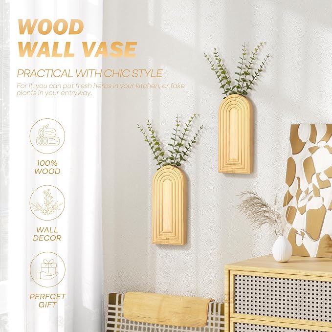 EOSAHR Wall Vase: Wall Planter for Boho Decor Accents, Original Wood | 2Pcs Kitchen Set, Pine Wood, Hanging Planter for Wall Decor, Wall Art for Living Room, Boho Decor, Suit to Hold Dried Plants