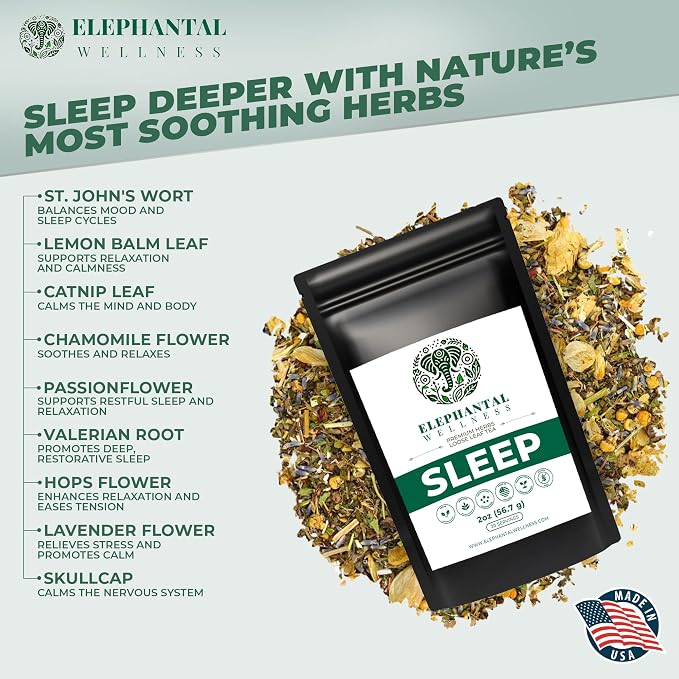 Elephantal Wellness Premium Sleep Herbal Tea | Deep Rest & Relaxation Support with Valerian Root, Passionflower, Chamomile, Lemon Balm Tea & Skullcap | Handmade, Caffeine-Free, Non-GMO Loose Leaf Blend, 2oz, 20 Servings