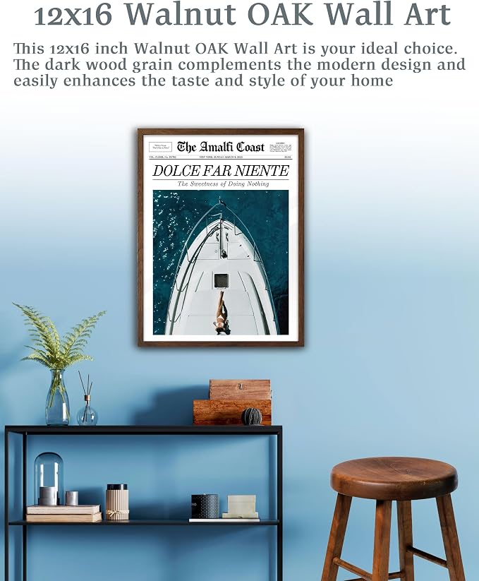 EcoHest 12x16 in Dolce Far Niente Newspaper Framed Wall Art | Walnut Color Solid Oak Frame, Canvas Wall Art, Italian Summer Newspaper Decor for Living Room, Bedroom, Apartment, Dorm,1Pack