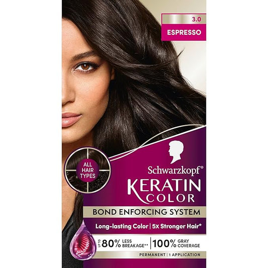 Schwarzkopf Keratin Permanent Hair Dye Cream, 3.0 Espresso, Professional Quality Color for Up to 100% Gray Coverage, Bond Enforcing System