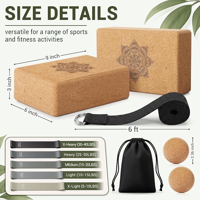 Outus 2 Pcs Yoga Accessories Cork Yoga Blocks Set 2 Cork Fascia Balls 5 Gray Gradient Series Resistance Bands 2 Black Socks and Balck Stretching Strap for Women Pilates, Stretching and Toning