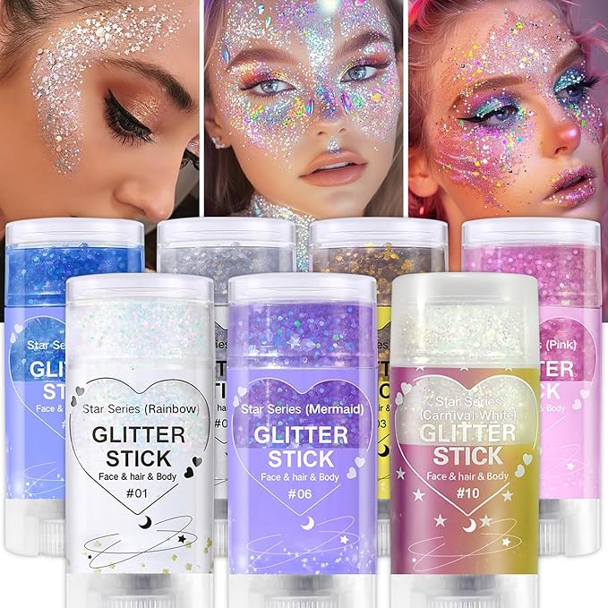 Sparkling Rainbow Body Glitter Stick, Holographic Hair Glitter, Waterproof Face Hair and Body Glitter Makeup, Shimmer Face Glitter Makeup for Kids and Women